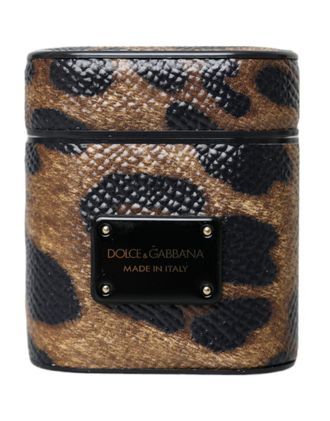 Dolce & Gabbana Brown Leopard Calf Leather Metal Logo Plaque Airpods Case Accessory