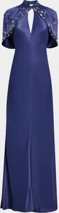 Alberta Ferretti Embellished Capelet-Sleeve Keyhole Satin Gown