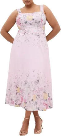 City Chic Floral Print Maxi Sundress in Pink Botanique Border at Nordstrom, Size 16W