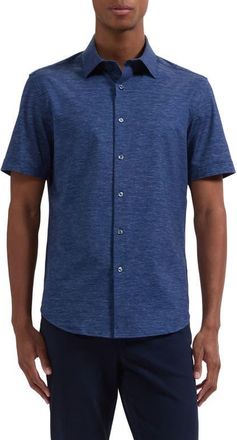 Bugatchi Miles OoohCotton Space Dye Short Sleeve Button-Up Shirt in Navy at Nordstrom, Size Xxx-Large