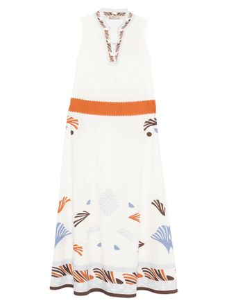 Herno Marine-Print Midi Dress With High Neckline And Drawstring Detail