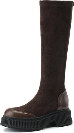 Generic Womens High Knee Suede Like Boots Thick Platform Sole Comfortable Elastic Fabric Nonslip Wear Resistant Outsole For Daily Commute Casual Outings Autum