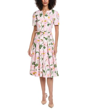 Oscar De La Renta Oscar De La Renta Split Neck Painted Poppies Silk-Lined A-Line Dress