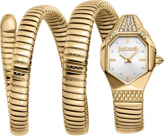 Just Cavalli Womenss Snake Watch, Gold Color Case, Silver Dial, Gold Color Stainless Steel Bracelet