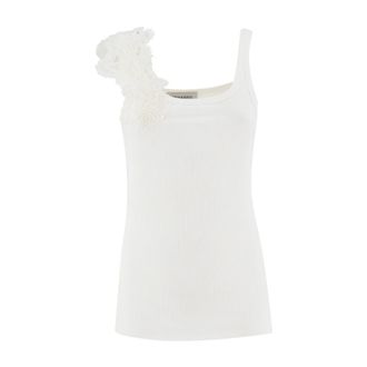 Ermanno Scervino Tops, Dames, Wit, L, Polyester, Top met bloemenkant applicatie en slanke pasvorm