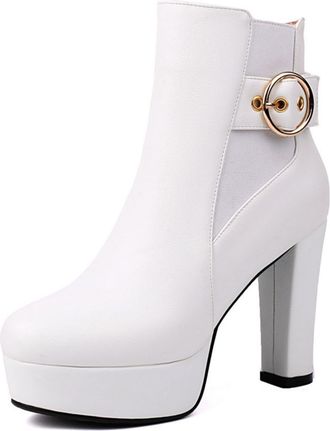 Generic Womens Ankle Boots Shiny Faux Leather Platform Chunky Block Heel Metal Buckle Strap Side Zipper Stylish Evening Party Prom Daily Casual Fashion Footwe