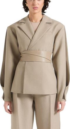 Mani&egrave;re De Voir Marie Twist Sleeve Tailored Blazer with Belt in Taupe at Nordstrom, Size 10