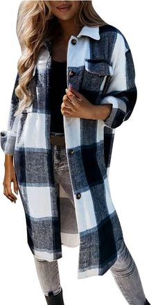 Generic Prime Deals of The Day Prime Sale Winter Coats for Women UK Women Plaid Woolen Coat Winter Fashion Long Sleeve Long Overshirt Outwear Lightweight Quil