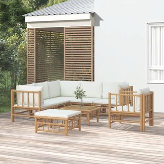 vidaXL Set De Muebles De Jard&iacute;n 8 Piezas Bamb&uacute; Y Cojines Blanco Crema Vidaxl