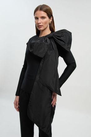 Karen Millen Womens Figure Form Bandage Taffeta Bow Knit Top - Black - Size X-Small