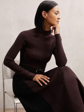 Reiss Womens Dark Purple & Black Knitted Petite Contrast Panel Midi Dress, Size: S