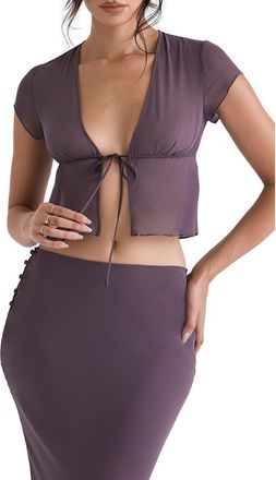 House of CB Maia Tie Front Sheer Georgette Crop Top in Dark Mauve at Nordstrom, Size X-Small