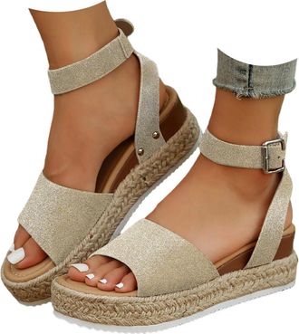 Generic Womens Platform Espadrilles Summer Open Toe Buckle Ankle Strap Beach Sandal Casual Comfortable Faux Leather Dressy Elegant Flats Sandals with Arch Sup