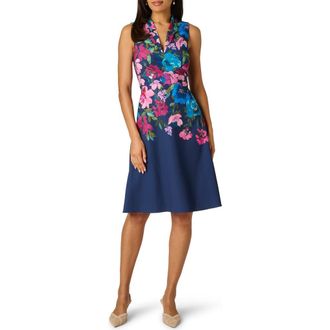 Adrianna Papell Floral V-Neck Twill Dress in Navy Multi at Nordstrom, Size 14