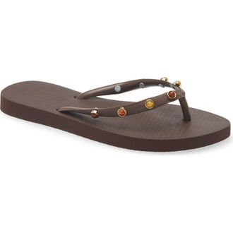 Arezzo Stone Embellished Flip Flop in Chocolate at Nordstrom, Size X-Large