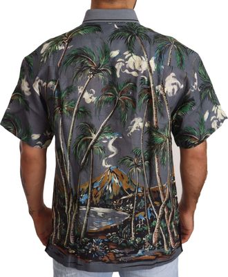 Dolce & Gabbana Mens Gray Linen Tropical Print Collared Shirt