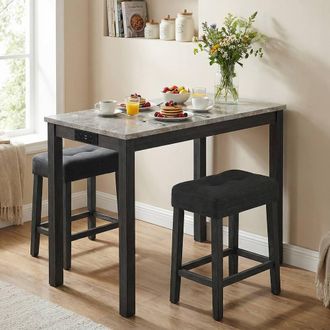 Costway Costway Set of 3 Faux Marble Bar Table Set w/Charging Station&2 Padded Stools in Grey