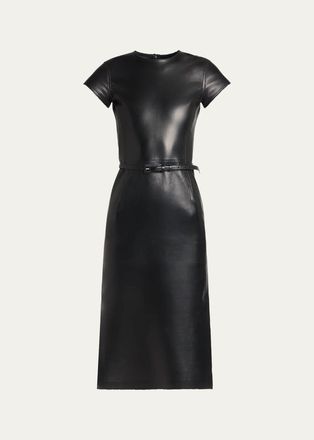 Tom Ford Short-Sleeve Silky Guanteria Lambskin Leather Asymmetric Midi Dress