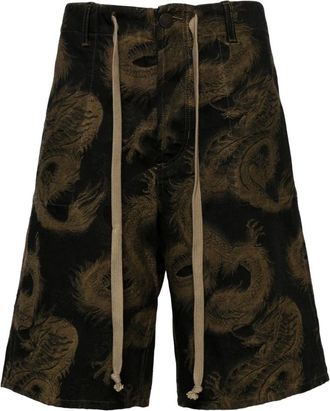 Uma Wang Casual Shorts, male, Green, M, Dragon Print Cotton Bermuda Shorts