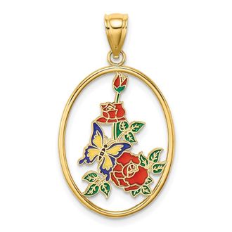 Diamond2Deal 14k Yellow Gold Enamel Yellow Butterfly in Oval Red Flower Charm