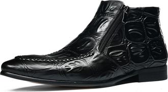 Generic Mens Pointed Toe Short Boots with Side Zipper Low Block Heel Ankle Boots Patent Leather Formal Booties,Black,6.5 UK