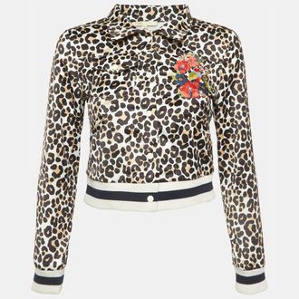 Maje White Animal Print Embroidered Satin Biker Jacket