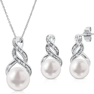 MAX + STONE 925 Sterling Silver Cultured Freshwater Pearl Necklace and Earring Set