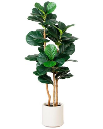 Nearly Natural 4Ft Artificial Fiddle Leaf Tree In Decorative White Planter