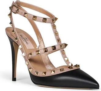 Valentino Garavani Womens Pumps Rockstud Black-Blush Leather Multicolour Polyamide High Heel Shoes