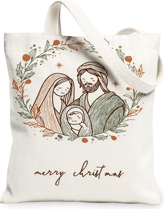 Generic Christmas Family Canvas Tote Bags, Artistic Holiday Design Reusable Bags, Vintage Lightweight Washable Canvas for Travel Pi, White, 13x15 Inch