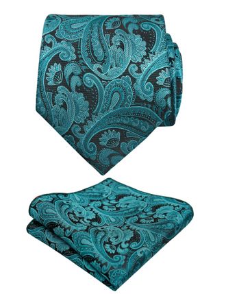 Alizeal Handmade Paisley Floral Tie with Pocket Square Set (174-Teal, One Size)