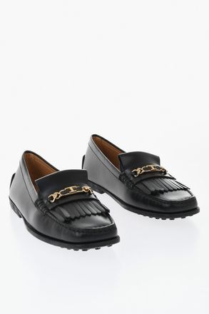 Tod's Leather Kiltie Moccasins with Gold Metal Detail and Square Toe Tods