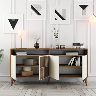 Dmora Aparador Thuile, Alacena 2 Estantes, 4 Puertas, 6 Compartimentos, 160x35x78h Cm Blanco Crema