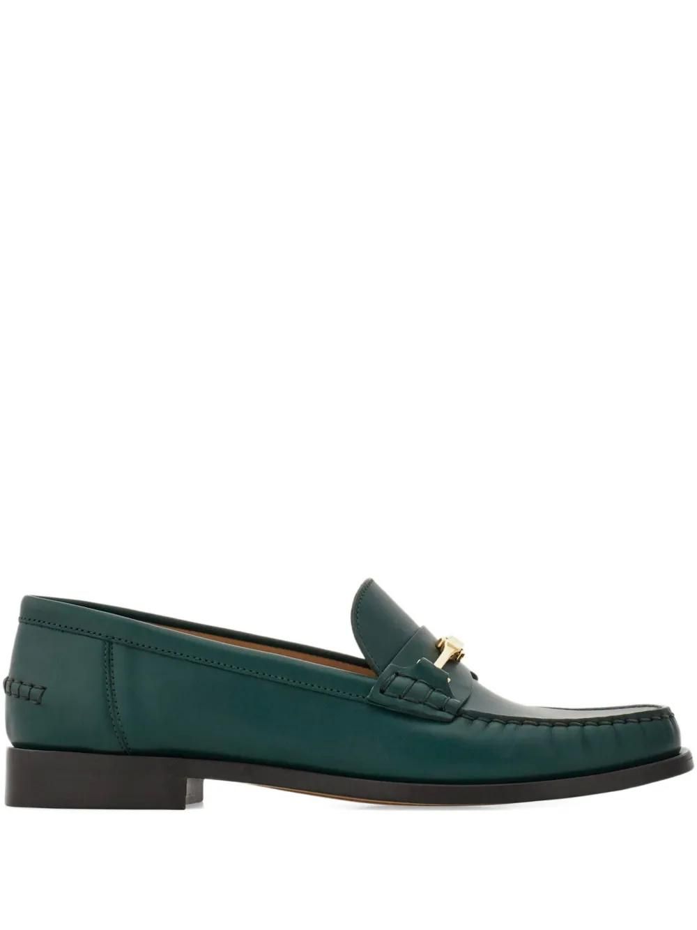 NEW SALVATORE FERRAGAMO men\'s penny-slot leather loafers in green Ferragamo Embossed Crocodile Effect Leather Loafers | Green  main image 2