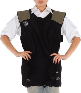 Maison Margiela Mm6 Ladies Black Distressed Panelled Ribbed Vest, Size One Size
