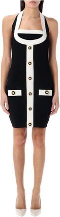 Balmain Tweekleurige mini-jurk van gebreid materiaal met halternek - Dames - Korte kleedjes - Zwart - S - Polyester - Kleedjes