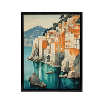 Artery8 Amalfi Coast Coastal Village Houses Italy Framed Canvas Wall Art Print in Blue | Size: W24 x H32