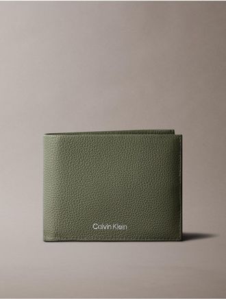 Calvin Klein Mens Pebble Grain Leather Trifold Wallet with Coin Pouch - Green