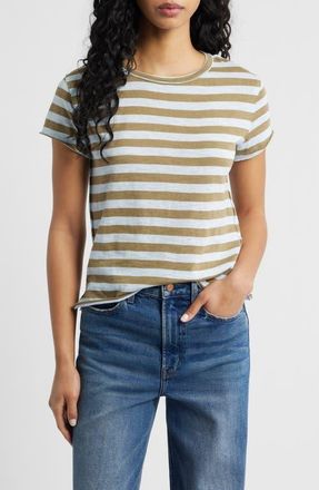 Free People Nora Stripe Linen & Cotton T-Shirt in Green Combo at Nordstrom, Size X-Small