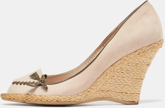 Ferragamo Beige Nubuck Leather Peep Toe Espadrille Wedge Pumps