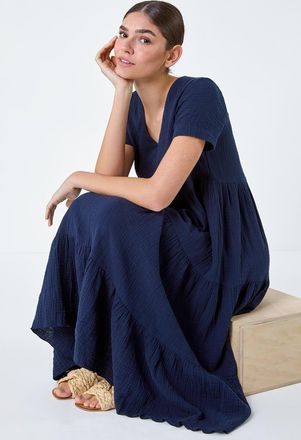 Roman Cotton Textured Tiered Midi Dress