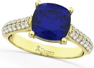 Allurez Cushion Cut Blue Sapphire & Diamond Ring 18k Yellow Gold (4.42ct)