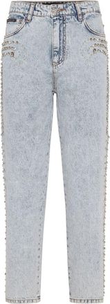 Philipp Plein logo-patch cotton tapered jeans - women - Cotton/Polyester/Cotton - 26 - Blue