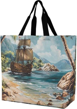 Generic Ocean Boat Vintage Reusable Shopping Bags One Shoulder Grocery Tote Bag Waterproof Big Purse for Work Travel