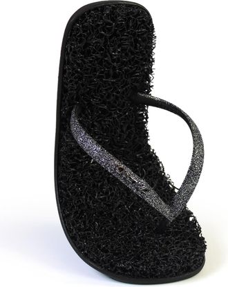 CleanUp Womens Flip Flops Flat Shiny Black Exfoliating Massage & Relaxation Comfortable Lightweight Toe Sandals 100% Vegan Recyclable Fibers, Shine Black, 6/7
