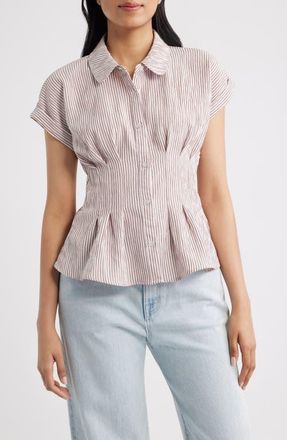 Bobeau Pleat Stripe Button-Up Shirt in Cream/Brandy Brown at Nordstrom, Size X-Large