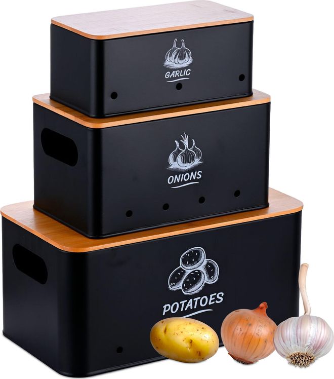 Relaxdays Aufbewahrungsbox 3er Set, Kartoffeln Zwiebeln Knoblauch,  Gemsebox Deckel, Vorratsdose Kche, Metall, schwarz ab 29,99  - auf  Stylight