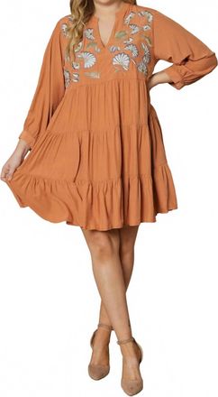 Entro Floral Embroidered Tiered Dress In Terra Cotta