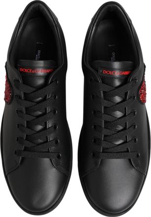 Dolce & Gabbana Womens Black Leather Crystal Heart Low Top Sneakers Shoes Calf