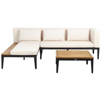 Beliani Conjunto De Jard&iacute;n 3 Plazas De Madera De Acacia Certificada Sof&aacute; Esquinero Con Mesa De Centro Cojines Beige Claro Derecho Bracciano